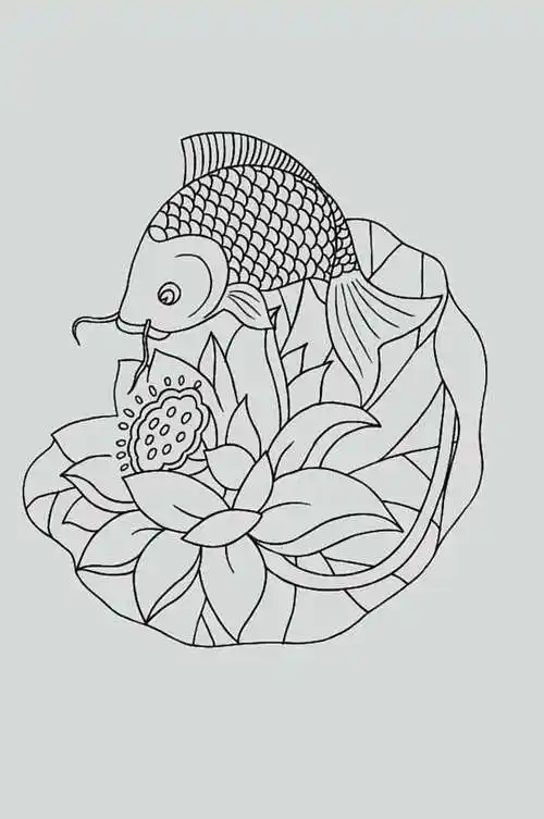 荷花黑色简约古典线描纹样矢量素材