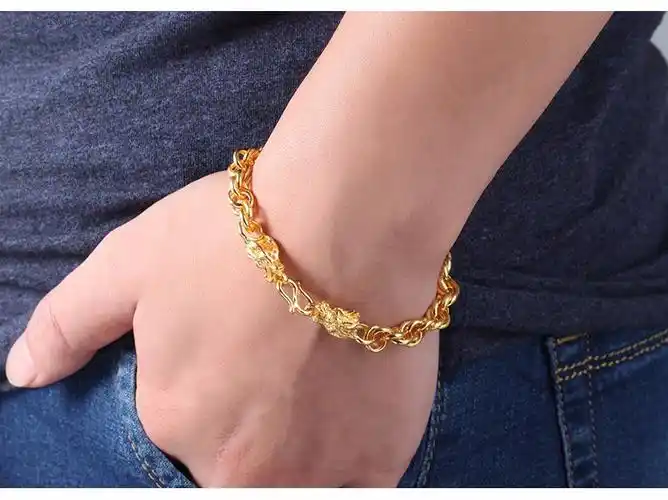 藏大福黄金手链男足金足金9999泰国龙头加粗手链霸气显粗开口实心手环