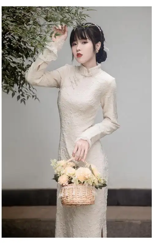 素雅复古旗袍改良版少女年轻款2021年秋新款披肩两件套装长袖 黑色 配