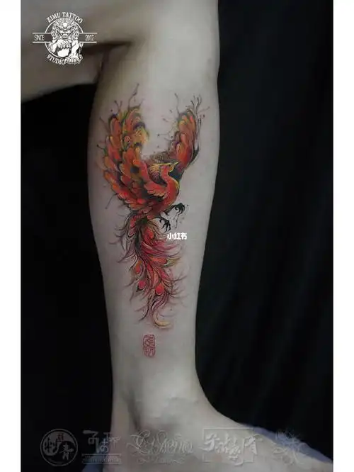 小腿 涅槃火凤凰 08长沙子沐刺青