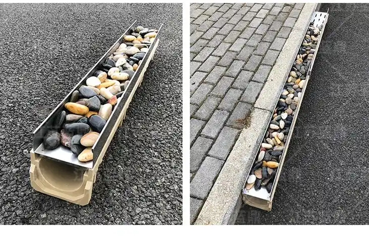 花园一体式鹅卵石排水槽下水道庭院304不锈钢树脂排水沟u型槽盖板