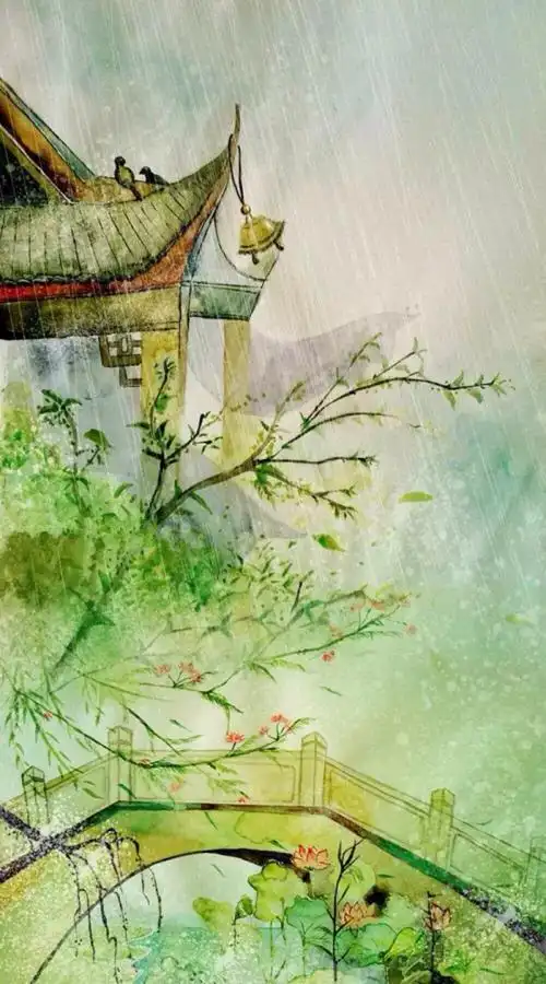 清新水彩画手绘雨中植物意境清新淡雅唯美插画