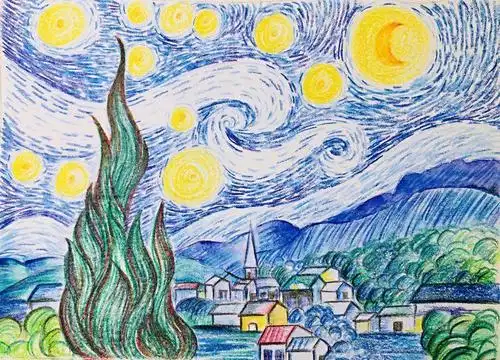 彩虹笔触技法用彩铅绘制梵高的星空