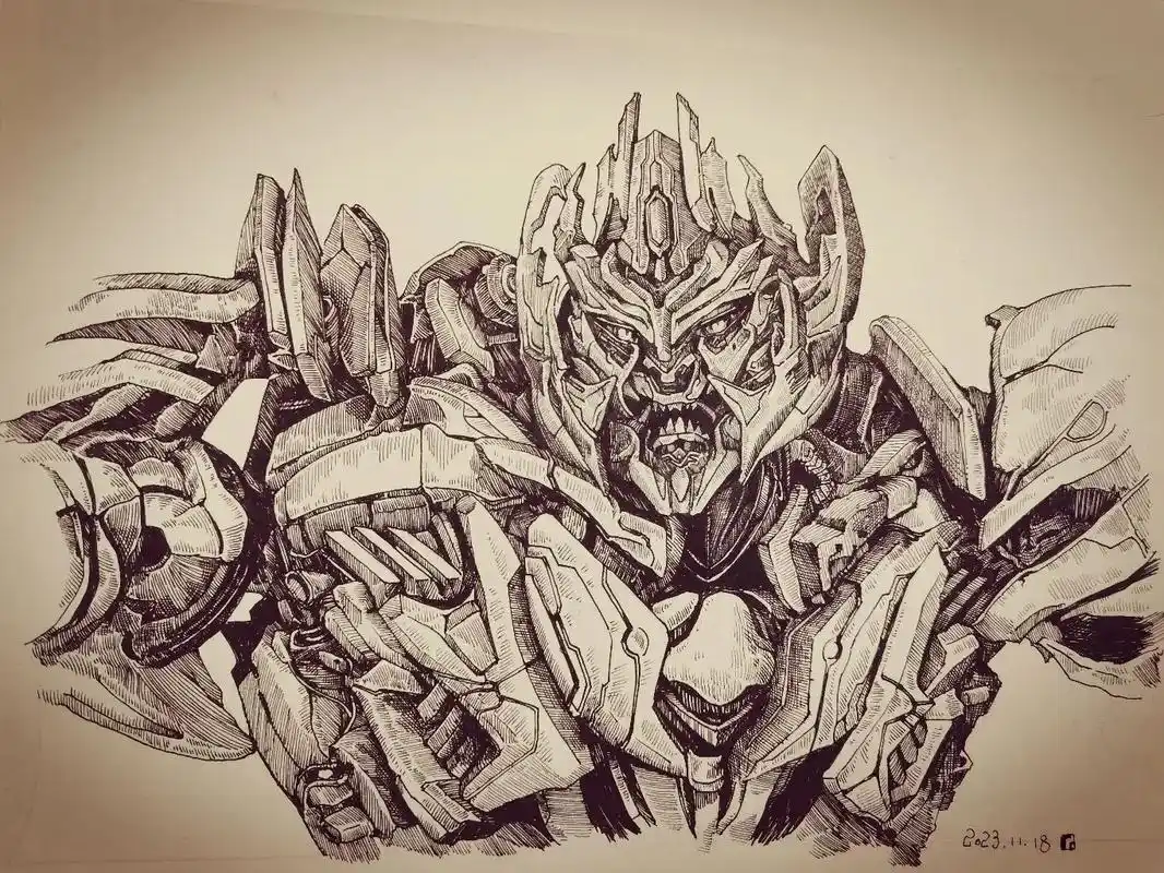 变形金刚 #绘画过程分享 #黑白线描画 #威震天 - 抖音