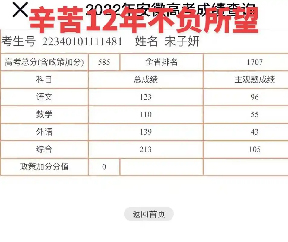 小宋同学的分数出来了,成绩585分,全省今年18万考生,17 - 抖音