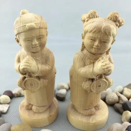 精品黄杨木金童玉女雕刻小件摆件 木质工艺品家居摆件 厂家批发