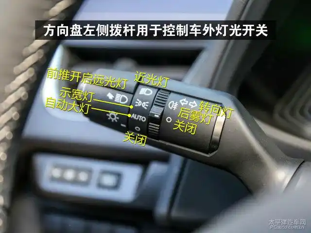 方向盘左侧拨杆用于控制车外灯光开关实拍车型由于配置的原因右侧只有