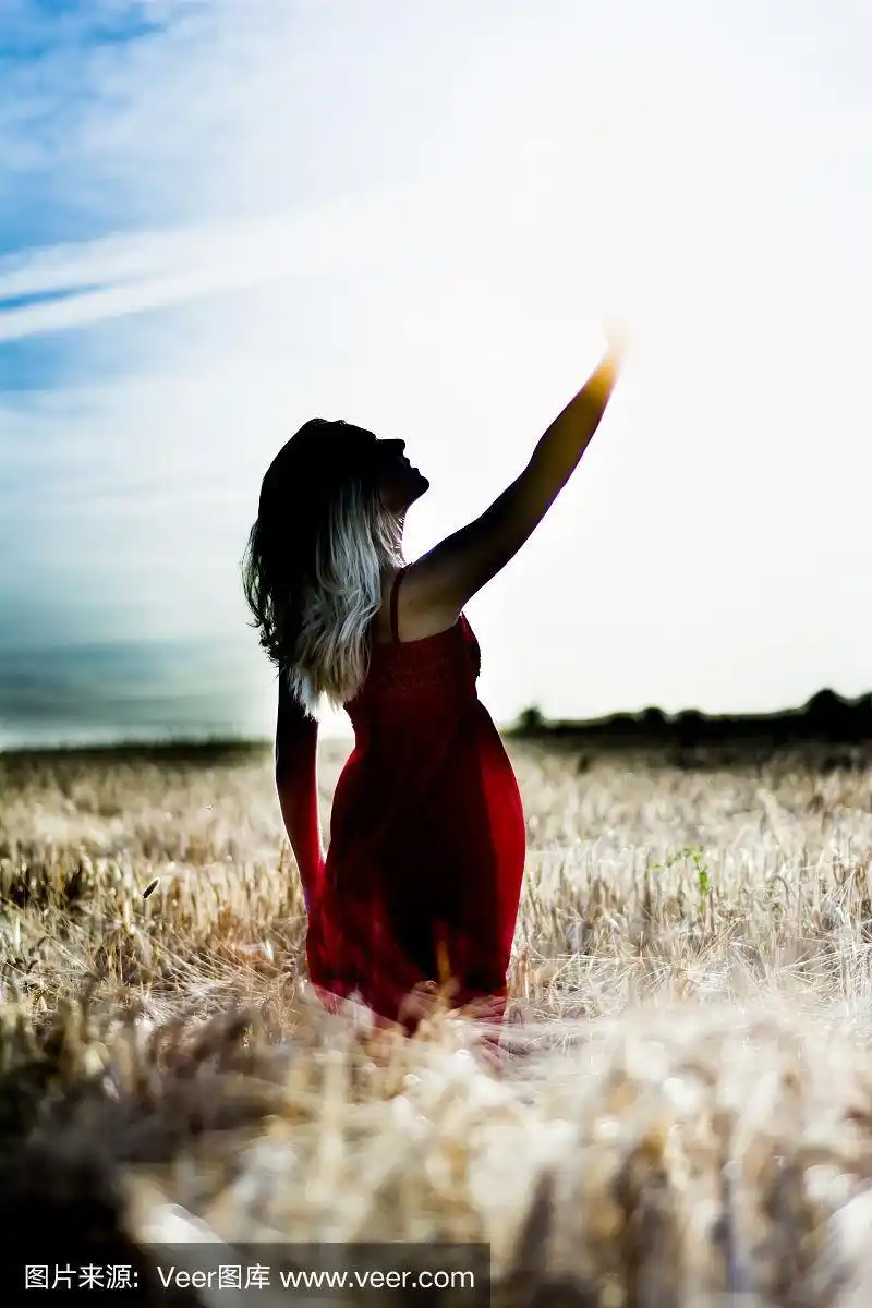 背光肖像美丽的金发女人在红裙子,在麦田日落