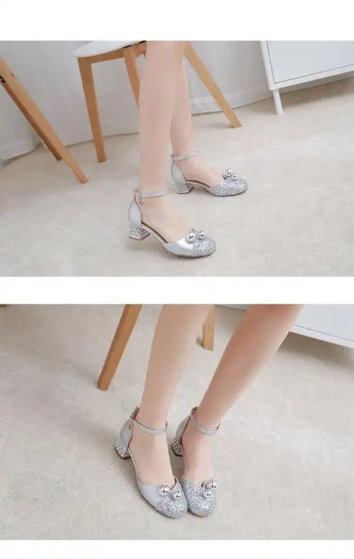 女童凉鞋儿童高跟鞋小女孩钢琴表演出舞台鞋水晶珍珠公主9岁10岁爱莎