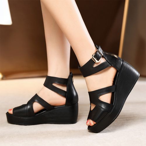 凉鞋夏季凉皮厚底高厚底皮鞋女式坡跟真皮女士罗马凉鞋