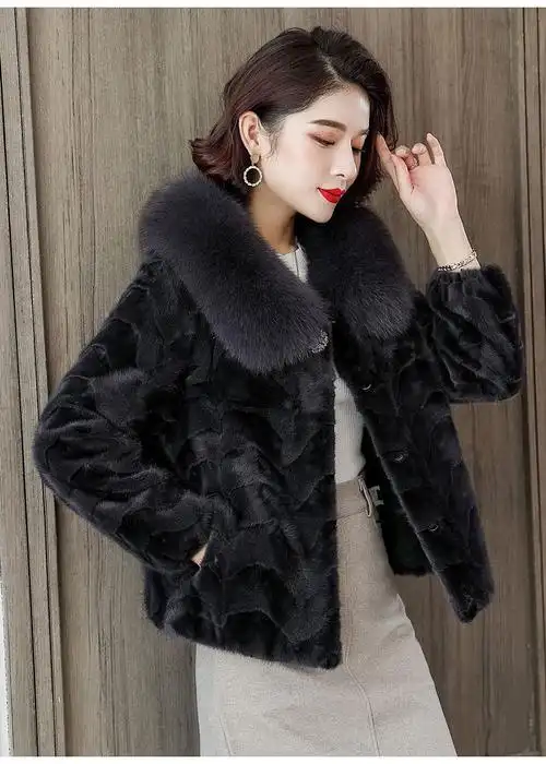 真水貂毛皮外套短款女狐狸毛领貂皮大衣拼貂海宁大码粗绒厚底保暖