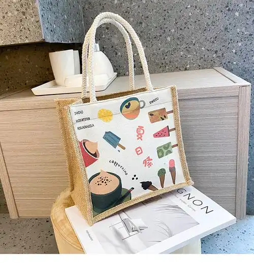 2021新款韩版个性图案帆布包女包学生手提便当包可爱手拎饭盒包包