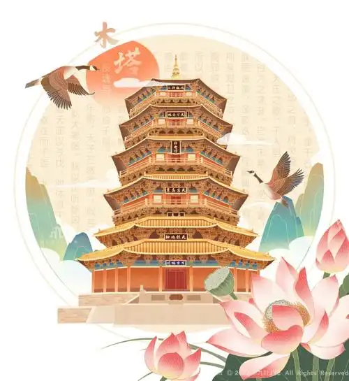 古建筑插画|山西|应县木塔|城市插画|国风