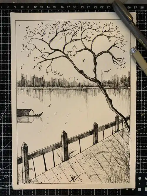 针管笔黑白风景画含步骤交个作业