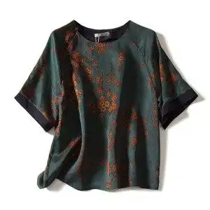 2019夏装女短袖t恤真丝香云纱上衣花色圆领桑蚕丝复古服装