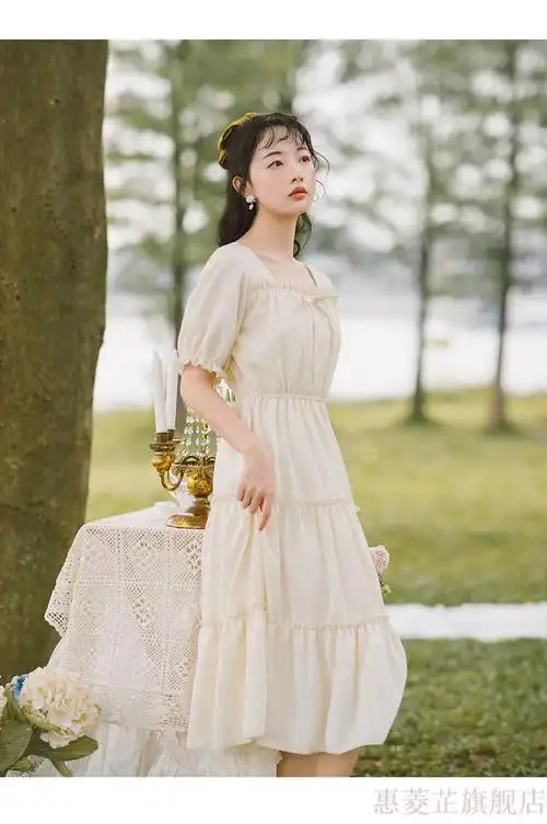 生夏天穿的连衣裙长款过膝森系女夏小清新裙子仙女裙chic温柔杏色s