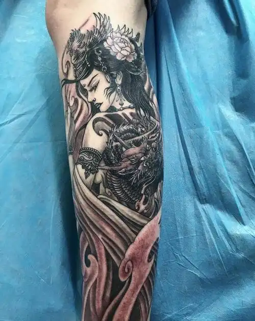 小腿龙姬纹身艺妓纹身纹身图片_腿部新传统龙姬艺妓 古典仕女纹身图案