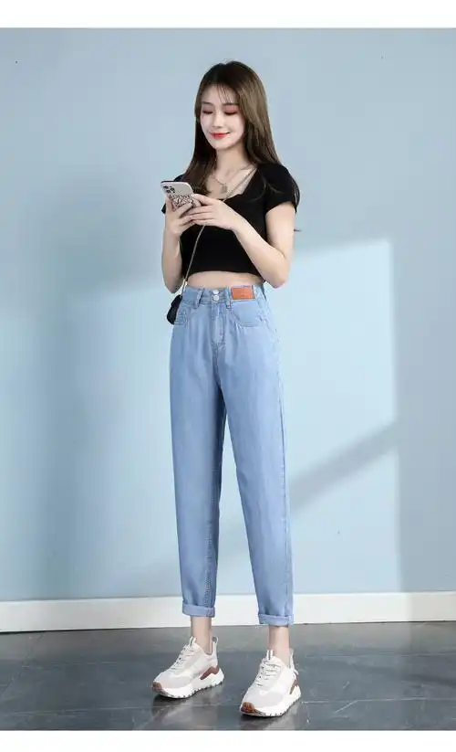 女士冰丝牛仔裤夏季超薄九分裤女式天丝女薄款2022新款高腰垂感宽松
