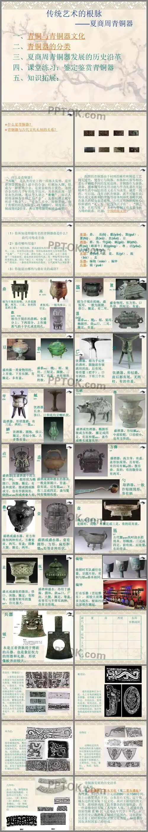 青铜器的分类;夏商周青铜器发展的历史沿革;课堂练习:鉴定鉴赏青铜器