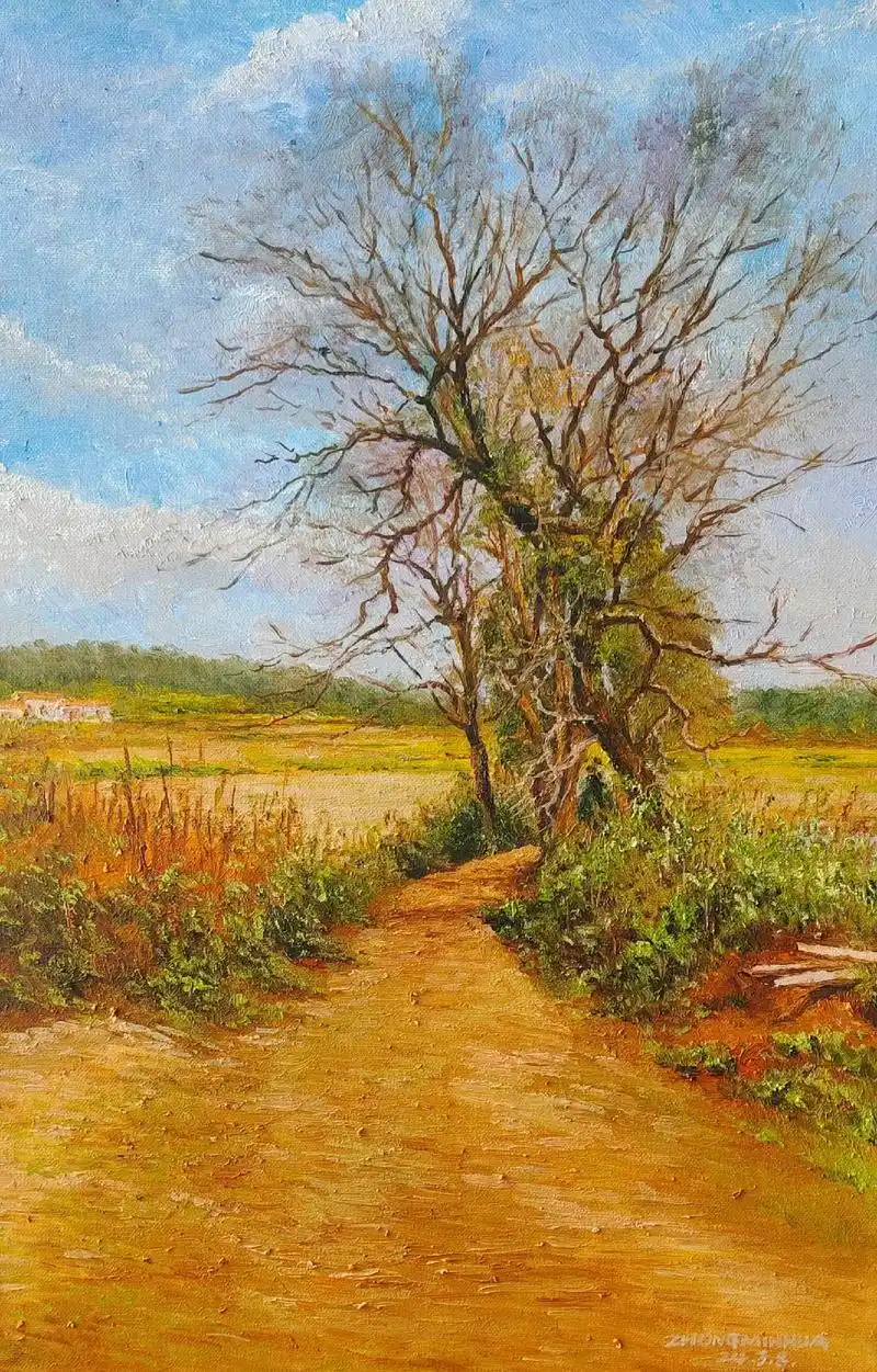 油画系列《同一个田边有树的风景》:我的故事都装在心里,你有酒吗