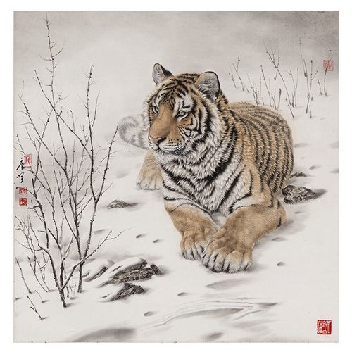 唐坚老虎画国画工笔画斗方画工笔虎新中式餐厅玄关客厅装饰画未裱