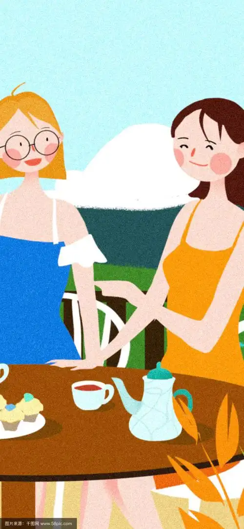 闺蜜日常喝下午茶女生聚会聊天碧海蓝天插画