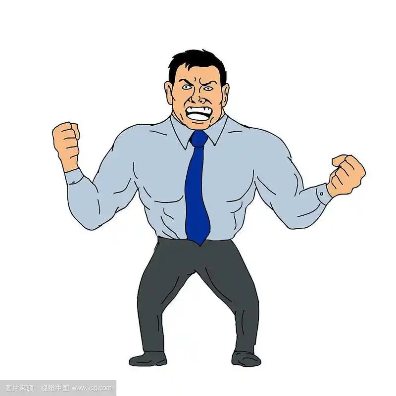 卡通风格的插图,一个愤怒的商人紧握的拳头和大喊从前面孤立的背景.