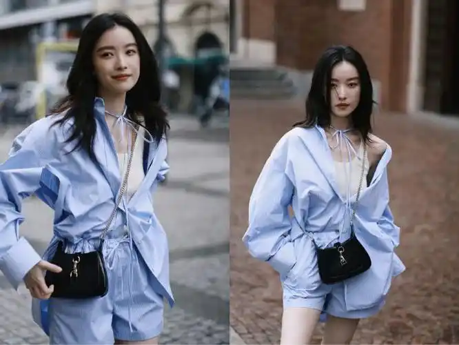 时隔四年再度前往时装周看秀,浅蓝衬衫套装搭配斜挎jackie包,随性舒适