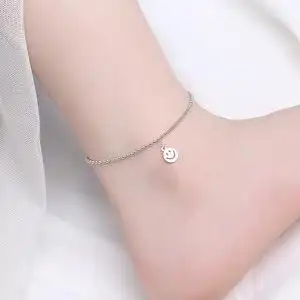 s925纯银镂空笑脸圆牌脚链女生日韩甜美可爱性感微笑表情脚踝饰品
