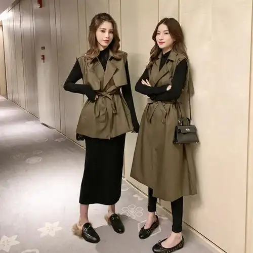 春秋马甲女中长款外穿无袖背心坎肩马夹西装领小个子工装风衣外套