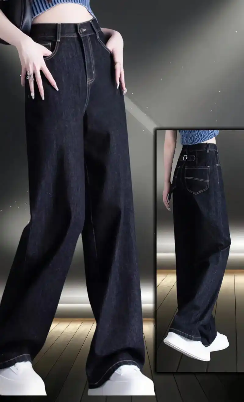蓝黑色高品质女裤子复古直筒牛仔裤女