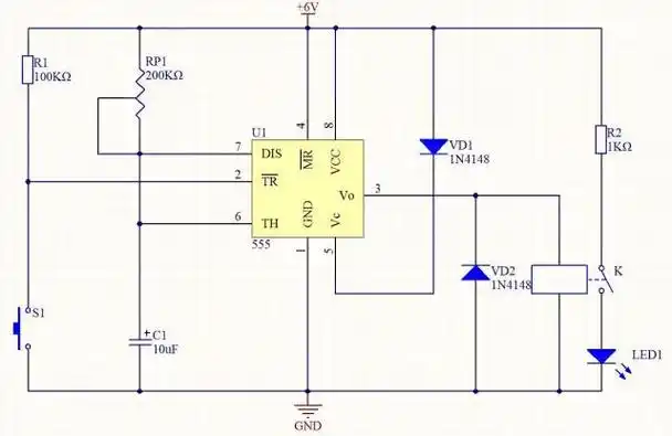 一,延时定时器 本电路是一个用555集成电路组成的单稳延时电路,可以
