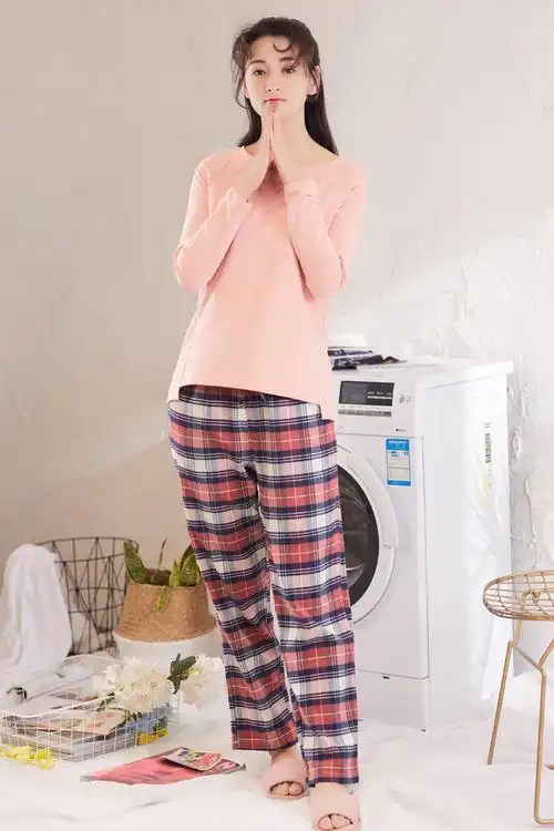 睡裤女秋冬绒布长裤居家纯棉格子家居裤子宽松法兰绒睡衣棉裤w116紫薯