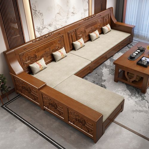 月影梳桐现代中式实木沙发组合客厅雕花冬夏两用小户型新中式储物木