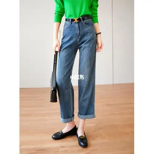 梨形友好 早秋直筒宽松高腰牛仔阔腿裤