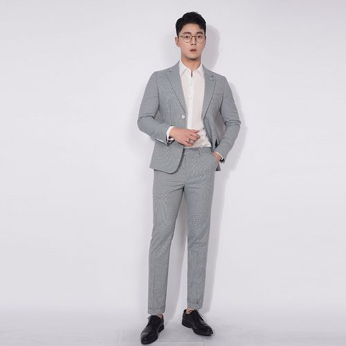 川泽男士小细格子西装二件套新款韩版修身格子套西灰色西服套装潮