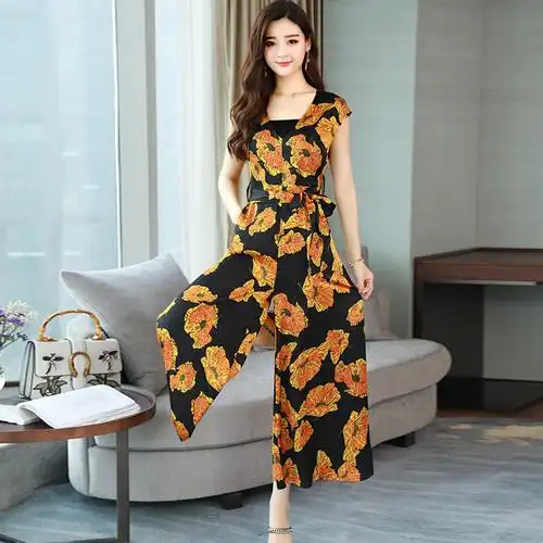 雪纺连体裤女夏装女士新品时尚气质印花v领高腰阔腿裤连体衣套装