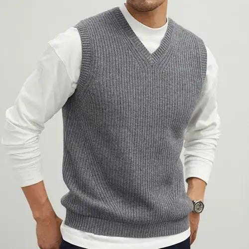 跨境百搭羊毛背心男 纯色v领针织背心男秋冬打底无袖毛衣内搭坎肩
