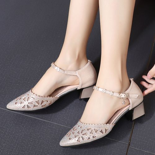 包头镂空凉鞋女夏中跟网纱单鞋粗尖头水钻一字时装凉鞋