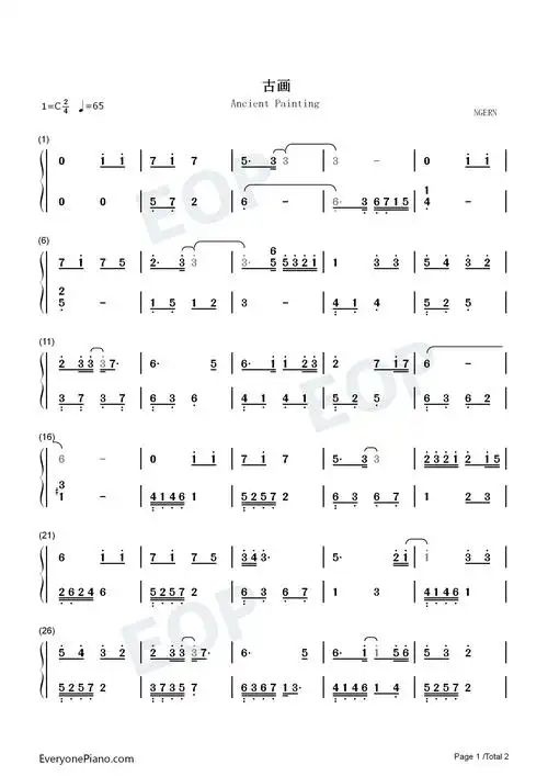 古画-c调简单版-如意芳霏插曲-钢琴谱文件(五线谱,双手简谱,数字谱