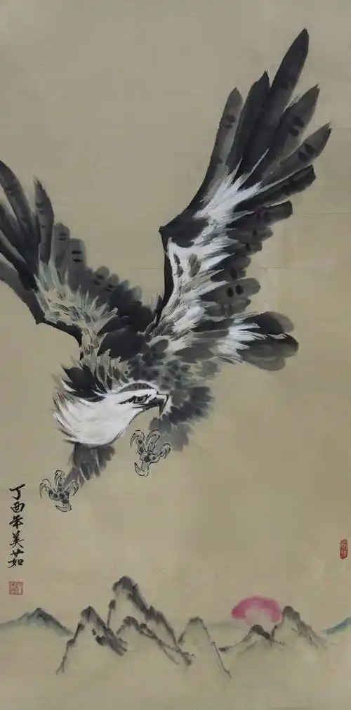 画家祝美茹另一幅描摹雄鹰的国画花鸟作品,意境高远,充满了恢弘气势.