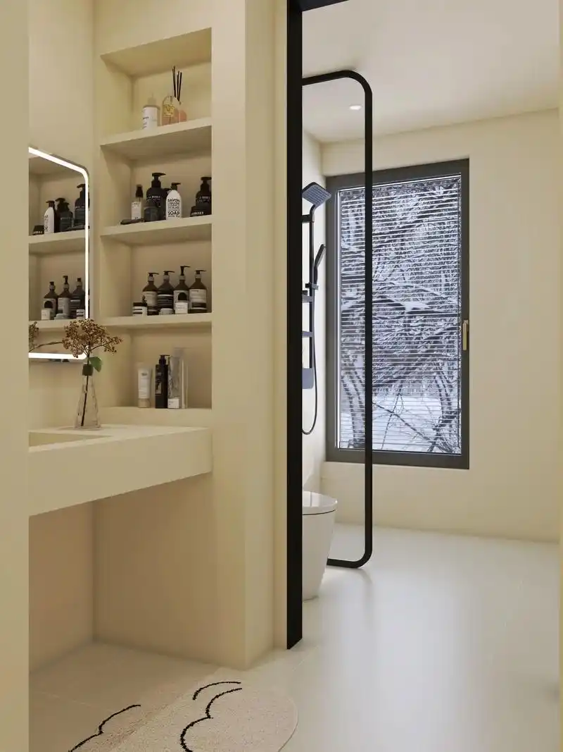 柔光砖通铺的精致卫生间!自砌壁龛洗手台!