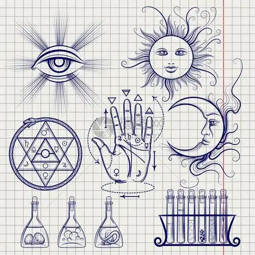 笔记本页上的无教义符号哲学和炼金元素的图样哲学和炼金元素