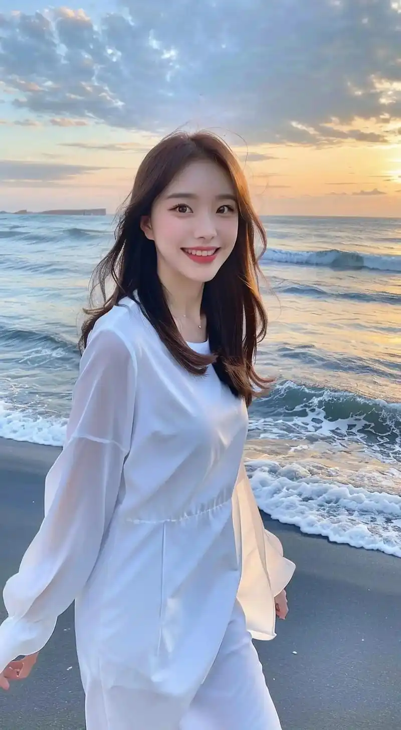 一个女孩穿着白色连衣裙在海边走,夕阳下她甜甜的笑,笑容很迷人 - 抖