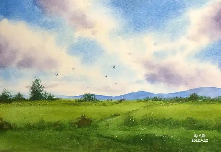 一张适合水彩入门练习控水的风景画,先把天空部分用清水打湿,用紫灰色