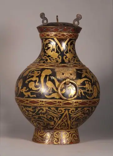 战国铜彩绘漆金狩猎纹壶