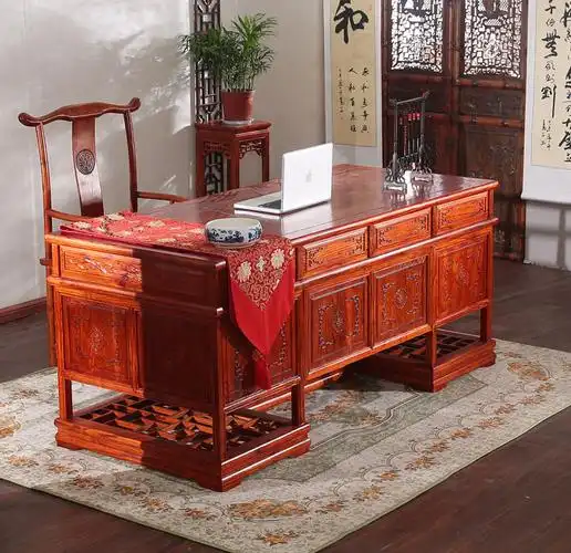 仿古家具古典实木榆木雕花中式明清实木写字台办公桌书桌