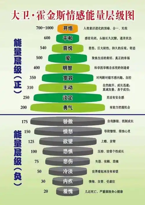 大卫﹒霍金斯分析了各类情感的能量等级,从最负面,伤身的情感,到最