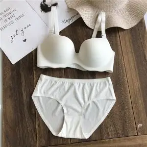 白色文胸衣女性感舒适无钢圈一片式无痕内衣大胸显小胸罩套装薄款