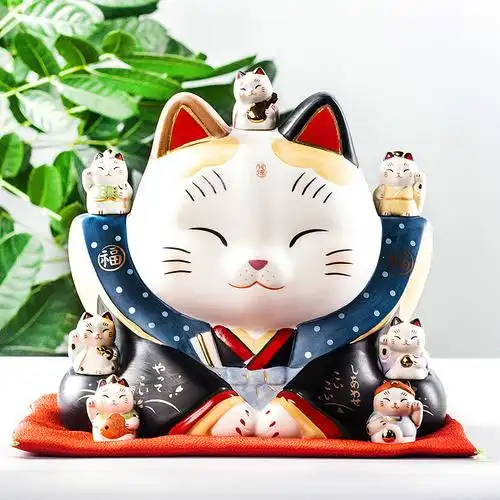 正品日本药师窑七福神和服大号彩绘陶瓷猫摆件招财猫开业乔迁礼物